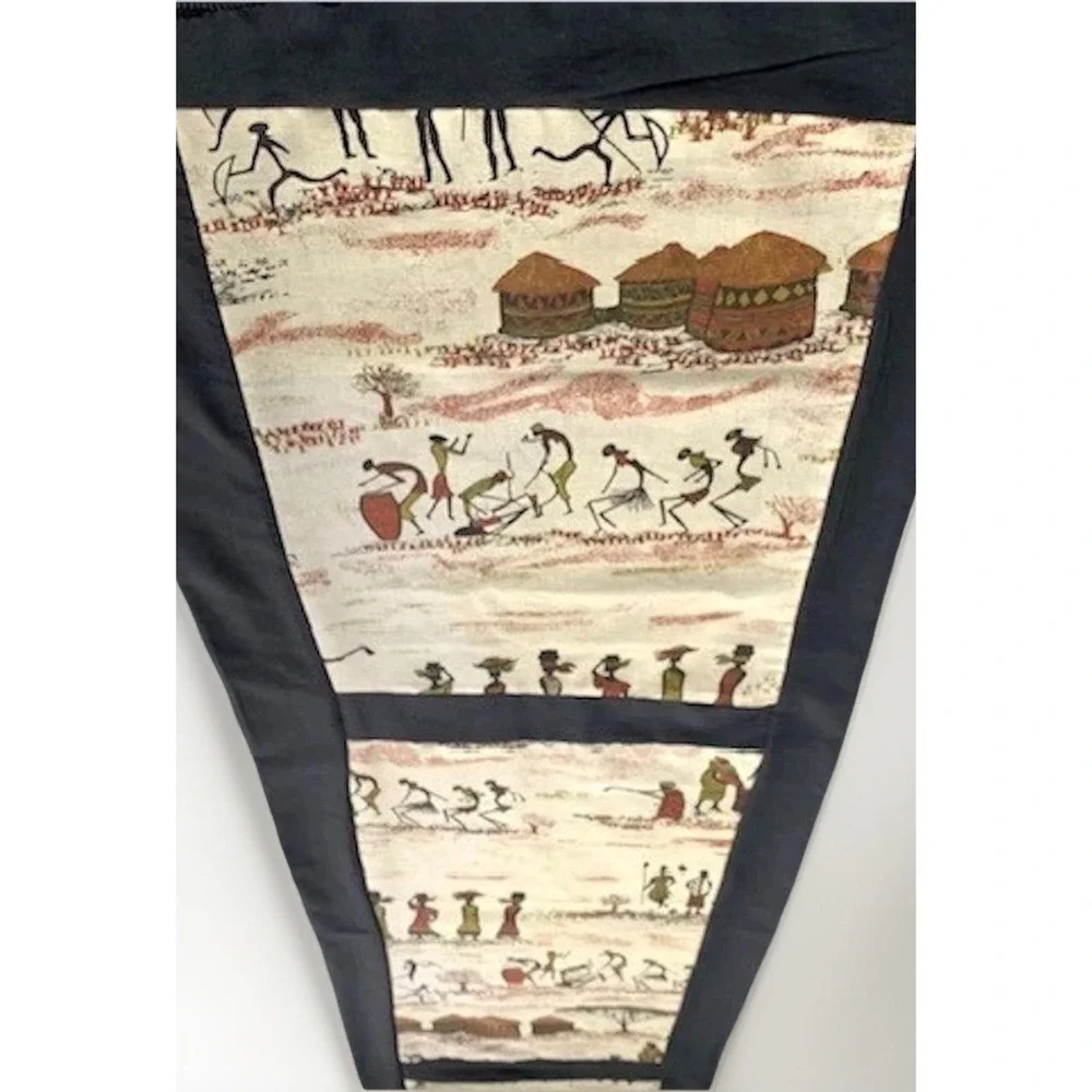 VTG Folk Art Table Runner Black Brown Fringe Tribal Village Batik Boho 70x15 MCM